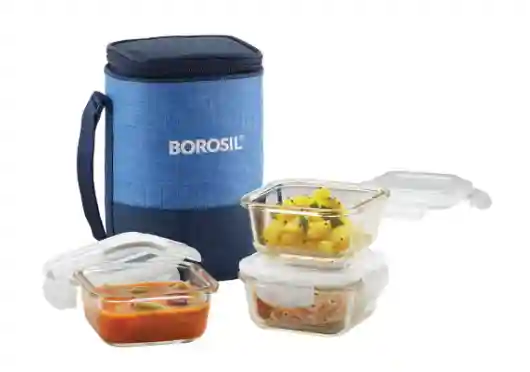  Borosil - Prime Borosilicate Glass Lunch Box Set of 3, 320 ml, Square, Microwave Safe Office Tiffin, Blue, Transparent